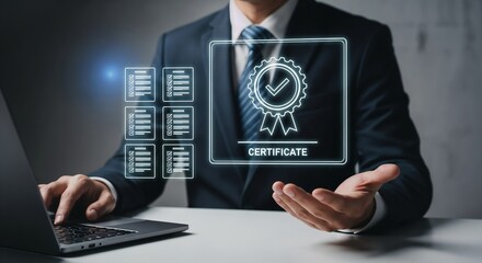 "A businessman in a formal suit sits in front of a laptop. His hand is open, and a glowing hologram of a 'CERTIFICATE' seal is floating above it. In the background, other digital document icons are fa