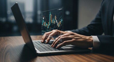 "A close-up view of a man's hands typing swiftly on a modern laptop keyboard. A complex and glowing 3D candlestick stock market chart projects holographically from the screen, showing real-time financ