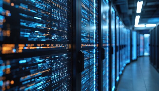 Modern server room glowing blue, orange data streams on racks of servers. Data visualization represents digital infrastructure, coding, advanced technology solutions for efficient network systems.