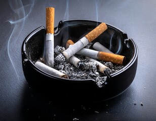 a black ashtray filled with cigarette butts and ash illustrating the negative aspects of smoking