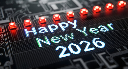 Happy New Year 2026 digital LED display, futuristic illustration