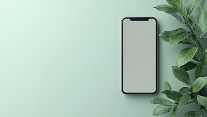 Smartphone on mint-green surface with leaves