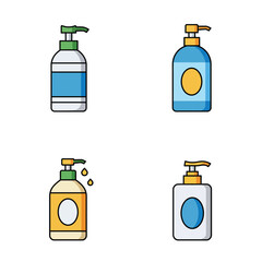 Four colorful soap dispensers isolated on white background, perfect for hygiene, hand washing, and sanitizing, with liquid soap, lotion, or cream for body and skin care