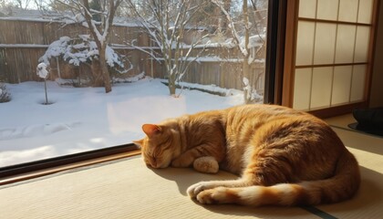 Cozy orange cat sleeps on tatami mat near window. Snow-covered garden outside with trees and fence. Warm winter sunlight illuminates the peaceful domestic animal resting indoors.
