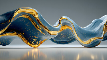 Graceful flowing waves elegantly rendered in deep blue and gold against a clean white background, realistic HD
