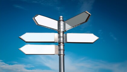 metallic signpost with blank directional signs stands tall against a blue sky symbolizing open choices directionless paths and untold possibilities