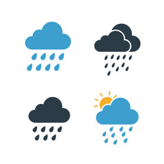Four weather icons featuring clouds with rain, including sunny and dark variations isolated on white background, showcasing diverse weather conditions