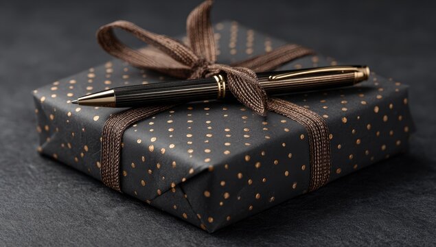 A dark gray gift box with gold polka dots, tied with brown ribbon, and a black pen resting on top
