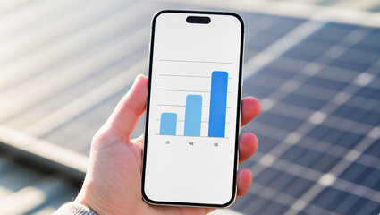 Hand Holding Smartphone Displaying Solar Power Output Bar Graph on Rooftop with Solar Panels in Bright Sunlight