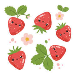 Cute cartoon strawberries with leaves and flowers isolated on white background, perfect for childrens illustrations and vibrant designs with a playful touch
