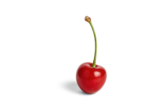 Bright red maraschino cherry with thin green stem isolated on white background. Sweet candy fruit perfect for garnishing desserts, cocktails, cakes. Vibrant color, smooth texture add delightful touch