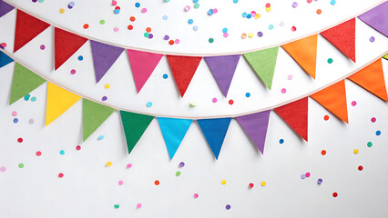 Fototapeta premium Vibrant colorful triangle bunting flags strung across a white background with falling confetti creating a festive celebration atmosphere