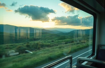 View from bus window of rolling green hills and distant mountains at sunset. Sky filled with clouds, reflecting on shiny bus glass. Journeying on highway shows motion blur effect.