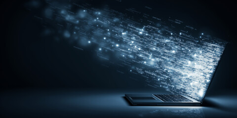 Laptop projecting fast digital light stream, futuristic technology background