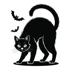 Fototapeta premium Black cat arching back in classic Halloween look, black and white isolated vector silhouette illustration