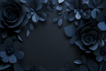 Elegant dark blue paper flowers arranged in a beautiful floral frame on a black background, creating a moody and sophisticated composition