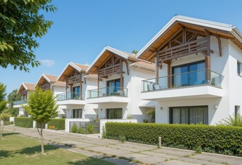 Close up Houses with Wooden Accents and Balconies on a Sunny Day