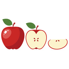 Three red apples, one whole, one half, and one slice, isolated on white background, showcasing fresh, healthy fruit for a balanced diet and lifestyle