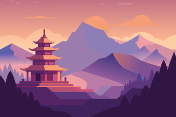 A serene Buddhist monastery at sunrise surrounded by foggy mountains vector illustration