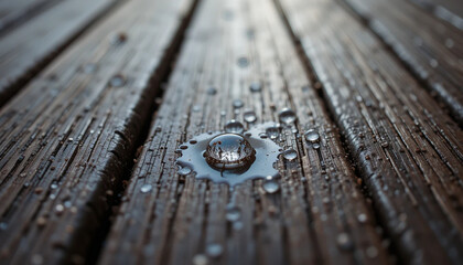 Rusty metal leaves on a weathered brown wooden deck show an abstract, macro-level texture