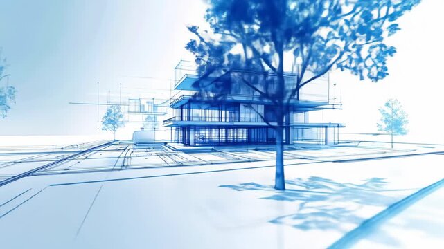 Modern Glass House Architectural Blueprint Animation