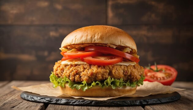 Crispy chicken burger loaded with fresh tomatoes, crisp lettuce, creamy sauce on toasted bun. Served on black plate, gourmet meal offers delicious, satisfying bite, perfect for fast food restaurant