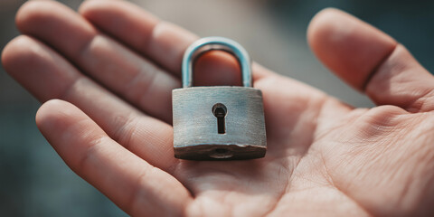 Close-up of metallic padlock on open human palm, symbolizing safety and trust
