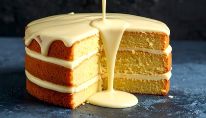 Creamy White Icing Drizzled onto Three Layer Cake with Slice Removed