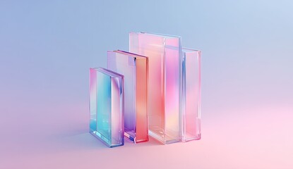 Stacked, translucent, rectangular prisms in pastel hues