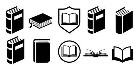 Collection of black book icons and symbols open closed