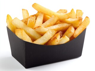 Golden french fries in a black paper tray