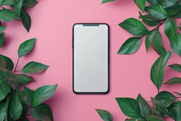 Smartphone framed by greenery on pink background