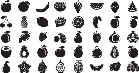 Collection of fresh fruit icons silhouette isolated on white background