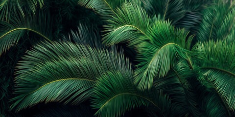 Dark and moody tropical palm leaves overlapping in natural foliage design
