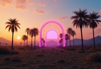 Close up Vaporwave Dreamscape with Wireframe Palm Trees and Neon Arch at Sunset