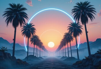 Close up Vaporwave Dreamscape with Wireframe Palm Trees and Neon Arch at Sunset