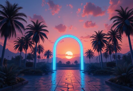 Close up Vaporwave Dreamscape with Wireframe Palm Trees and Neon Arch at Sunset - Powered by Adobe