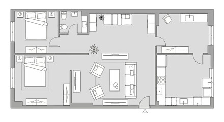 Apartment floor plan design with two bedrooms and kitchen