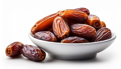 dried dates in a white bowl isolated on a white background
