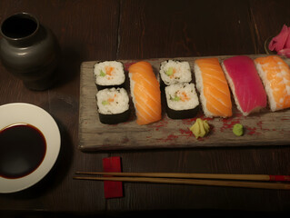 Elegant Platter of Assorted Japanese Sushi and Nigiri with Soy Sauce.