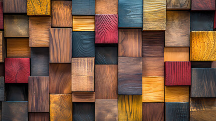 Abstract mosaic of colorful wooden blocks creating a textured background, showcasing diverse wood grains and vibrant hues in a dynamic pattern