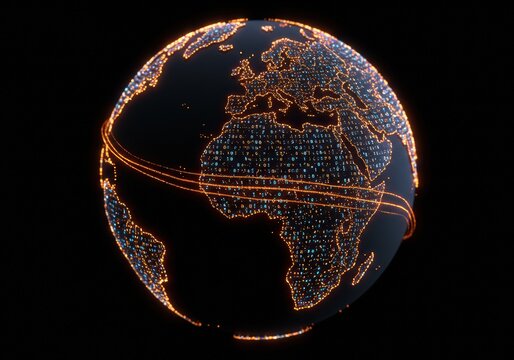 Digital globe with glowing data and network connections, set against a dark background. - Powered by Adobe