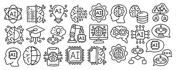 Artificial Intelligence and Machine Learning Doodle Icons – AI, Robotics, Neural Network, Big Data, Automation, Chatbot, Innovation, Technology, Brain, Hand Drawn, Computer Vision, Algorithm