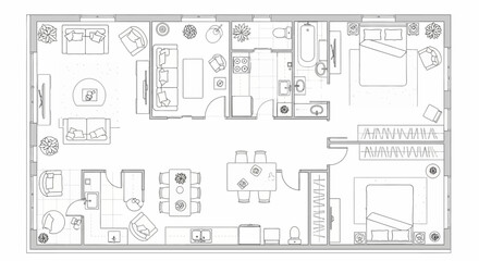 Apartment floor plan layout with furniture and appliances