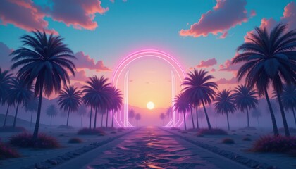 Close up Vaporwave Dreamscape with Wireframe Palm Trees and Neon Arch at Sunset