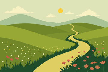 Hilly Meadow Silhouette with Wildflowers