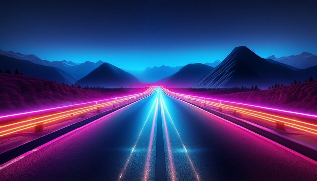 mesmerizing vj loop of a highway at night illuminated by vibrant neon lights with mountains visible in the background