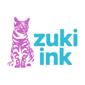 Stylized purple cat sitting next to turquoise blue Zuki Ink logo vector illustration
