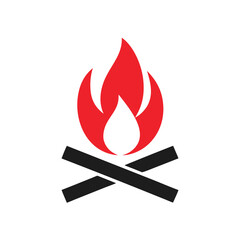 Minimalist Icon of a Campfire with Red Flames and Angled Black Logs on White burning heat
