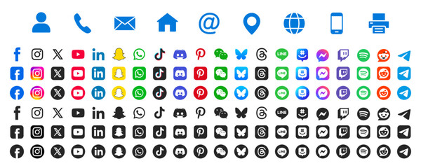 Social media logo and contact icon new set. Facebook, X, whatsapp, instagram, reddit, linkedin, tiktok, youtube, telegram, threads. Phone, mail, website, location, fax, mobile, address